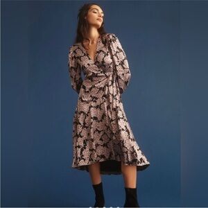 ANTHROPOLOGIE Caballero Pink & Black Motif Floral Wrap Long Sleeve Dress medium